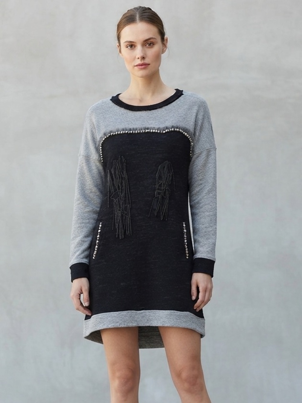 Save The Queen Sz L Wool Blend Navy Grey Embellish Sweater Dress